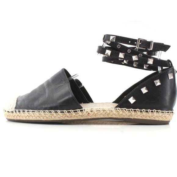 Schutz Koralina Black Leather Studded Espadrille Flats Ankle Wrap Straps SZ 8 - Picture 7 of 11